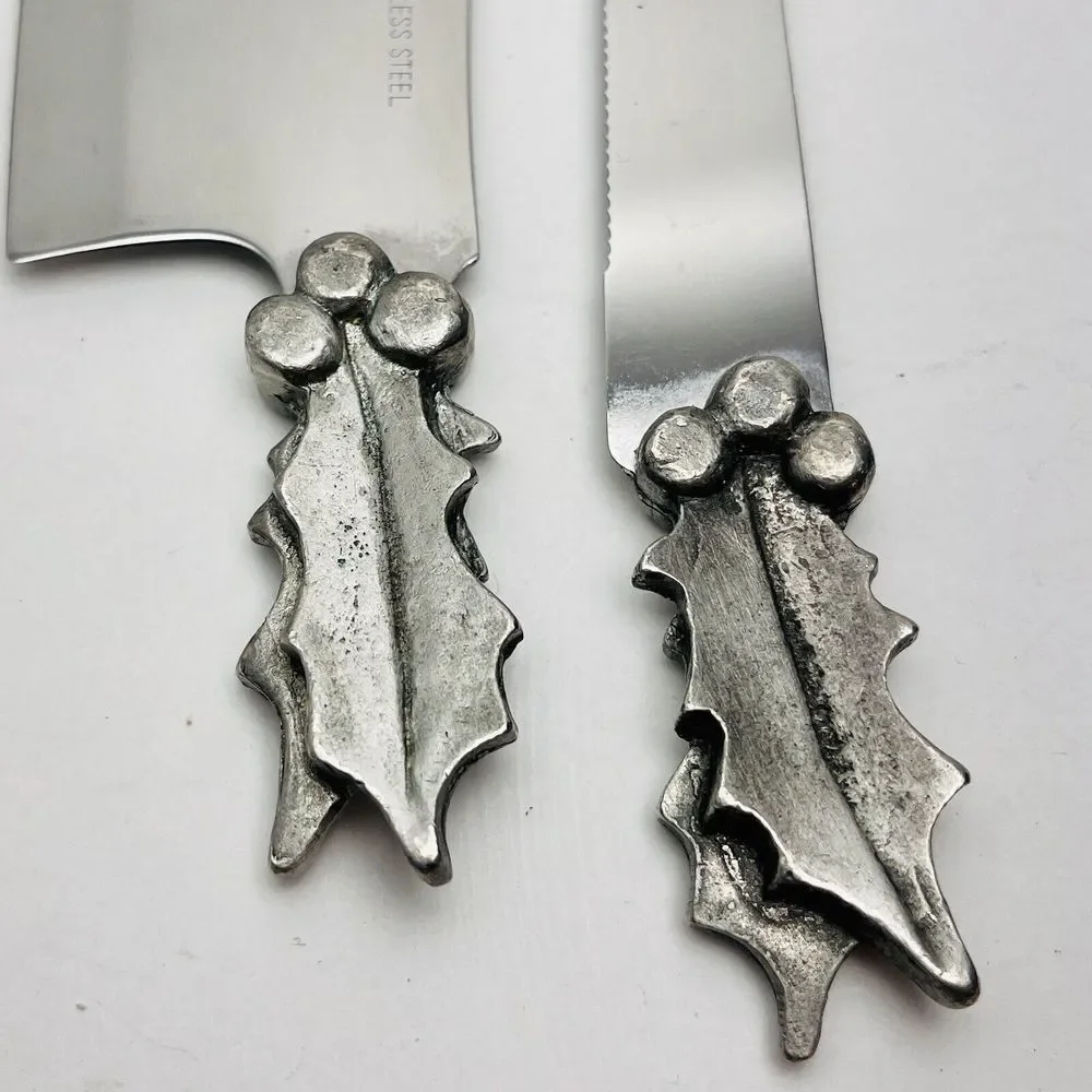 Sheffield England Stainless Pewter Holly Cheese Set Knife Mini Butcher Christmas